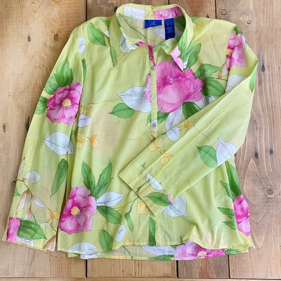 JH Collectibles Yellow Floral Button Down Shirt Top 100%‎ Cotton - Picture 2 of 8